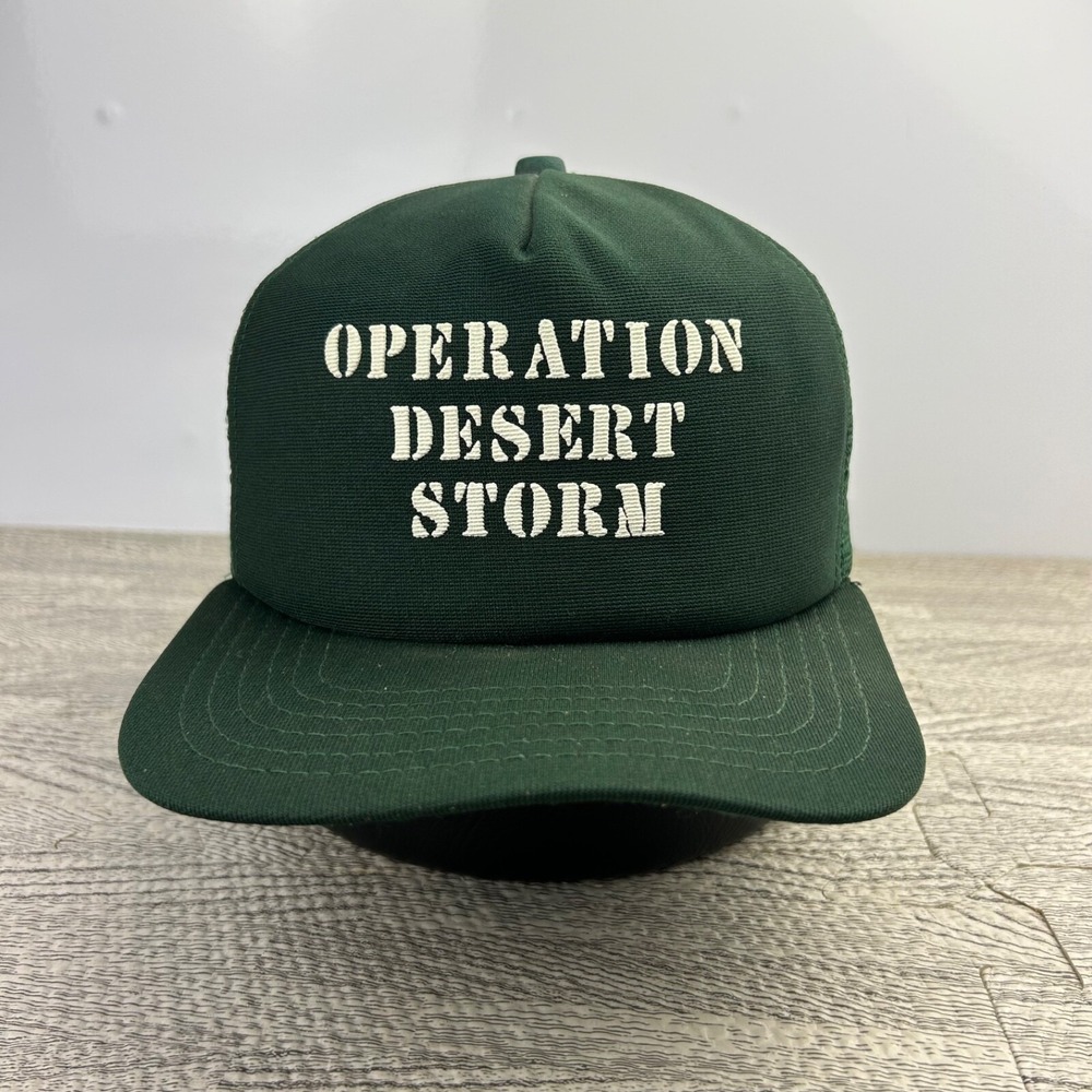 Vintage 90s Operation Desert Storm Trucker Hat Cap Snap Back Adjustable Green